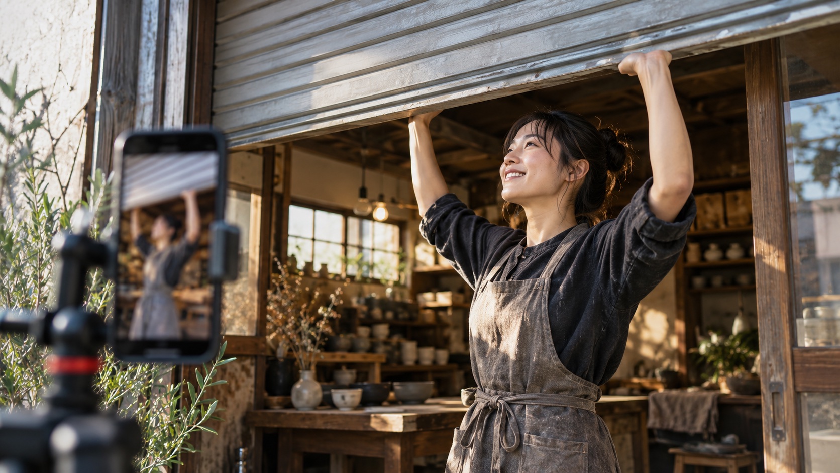 店舗の動き出しを縦型スマートフォンで撮影する様子