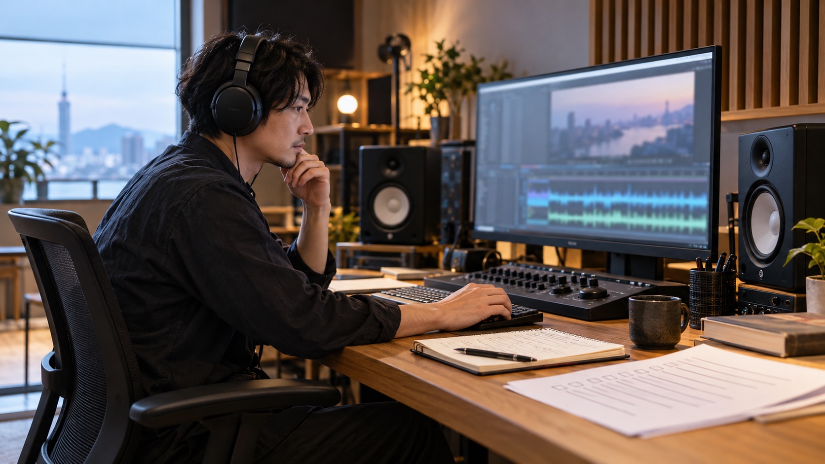 企業動画のBGMと音源ライセンスを確認する映像編集者