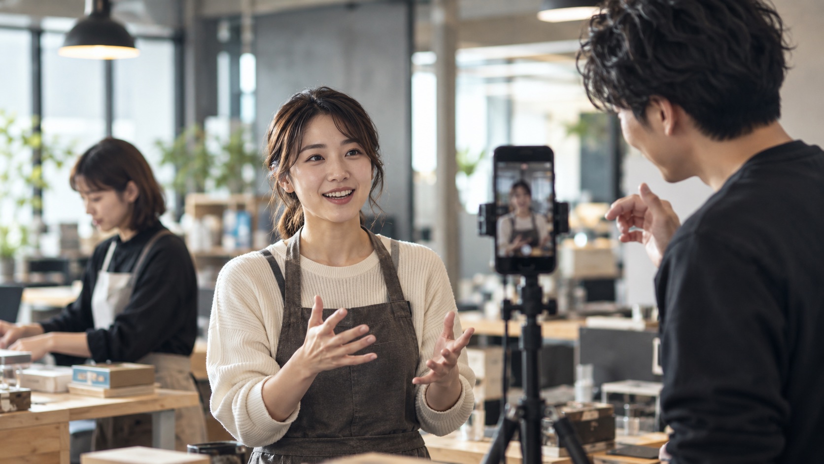 職場で採用SNS用の縦型動画を撮影する社員とスタッフ