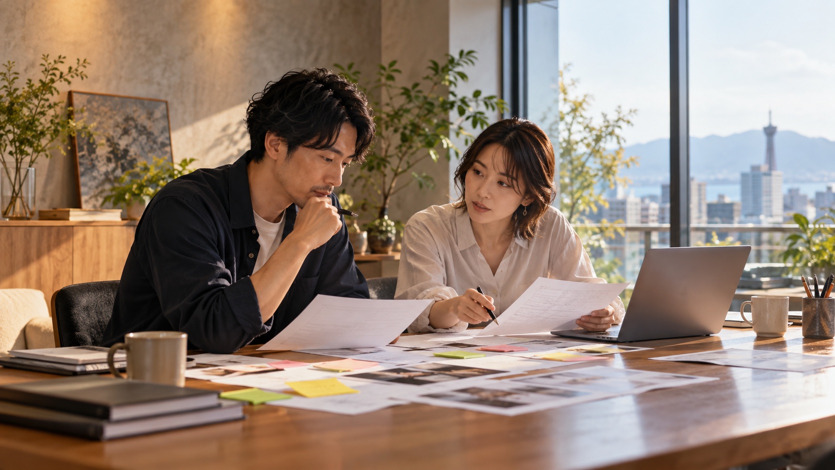 社内インタビューの言葉を整理しブランドの方向性を話し合う担当者