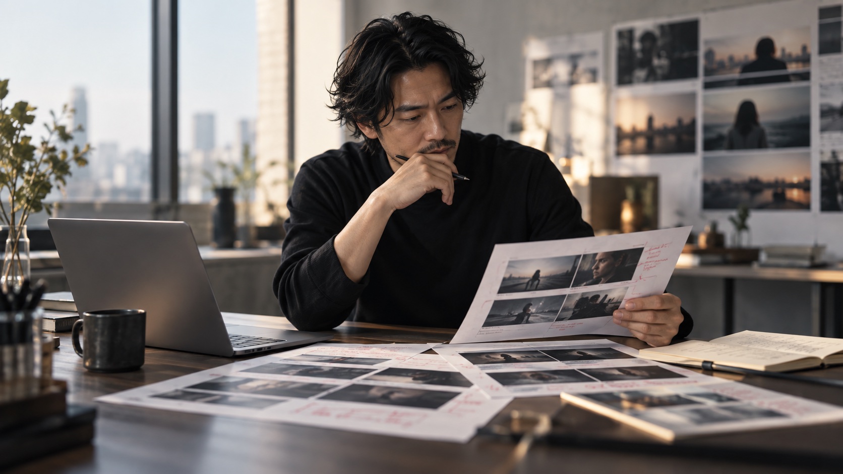 AIを活用した動画台本と絵コンテを確認するクリエイティブ担当者