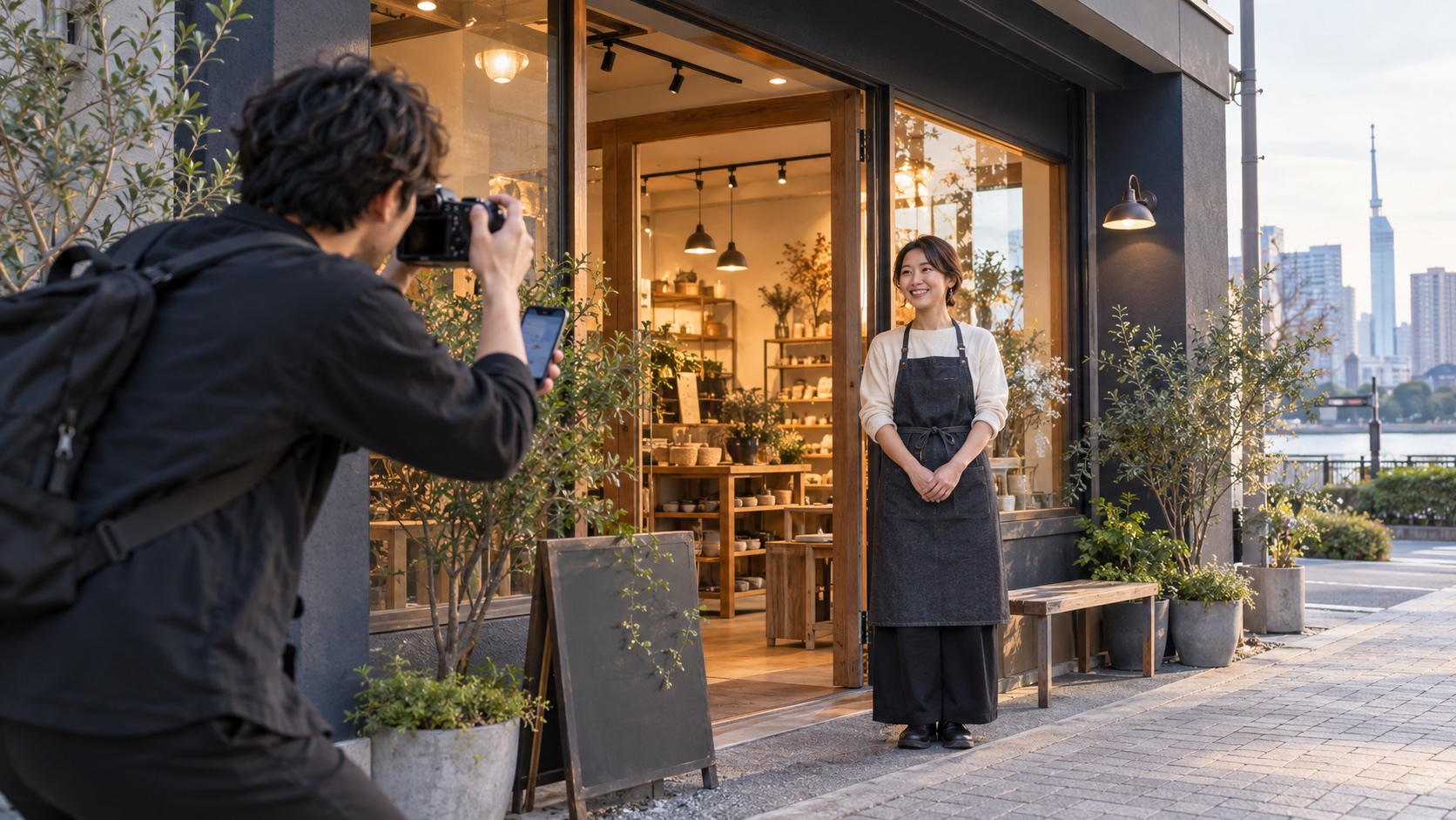 店舗オーナーとGoogleマップ掲載用の外観写真を撮影するカメラマン