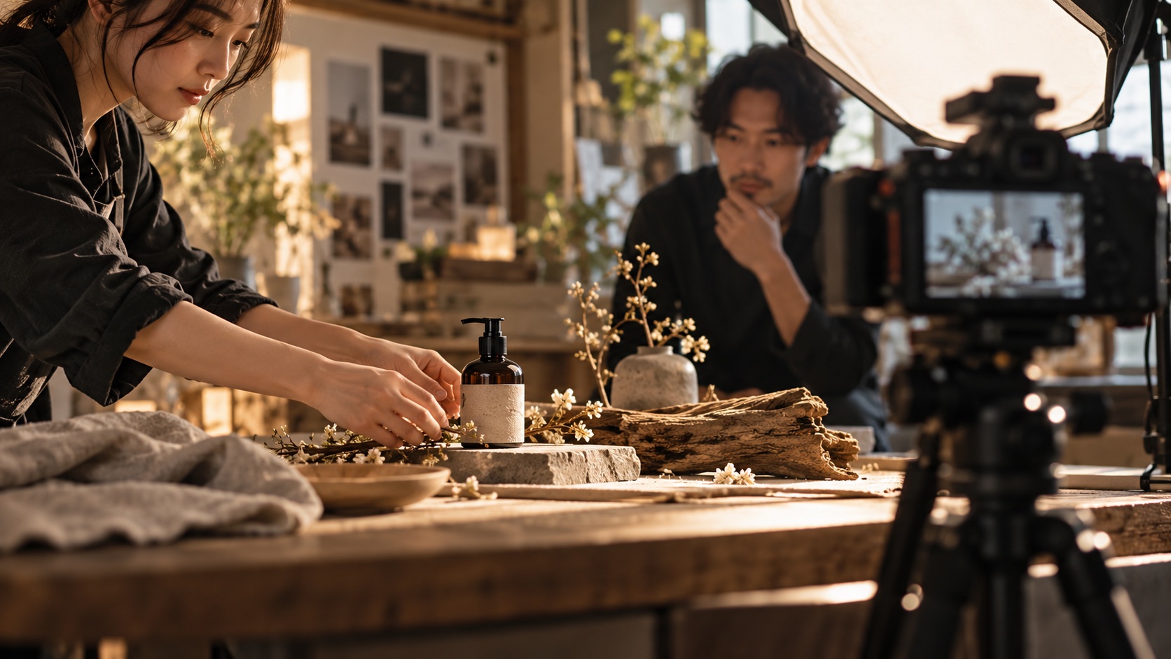 商品の世界観を整えてPR動画を撮影する制作スタッフ