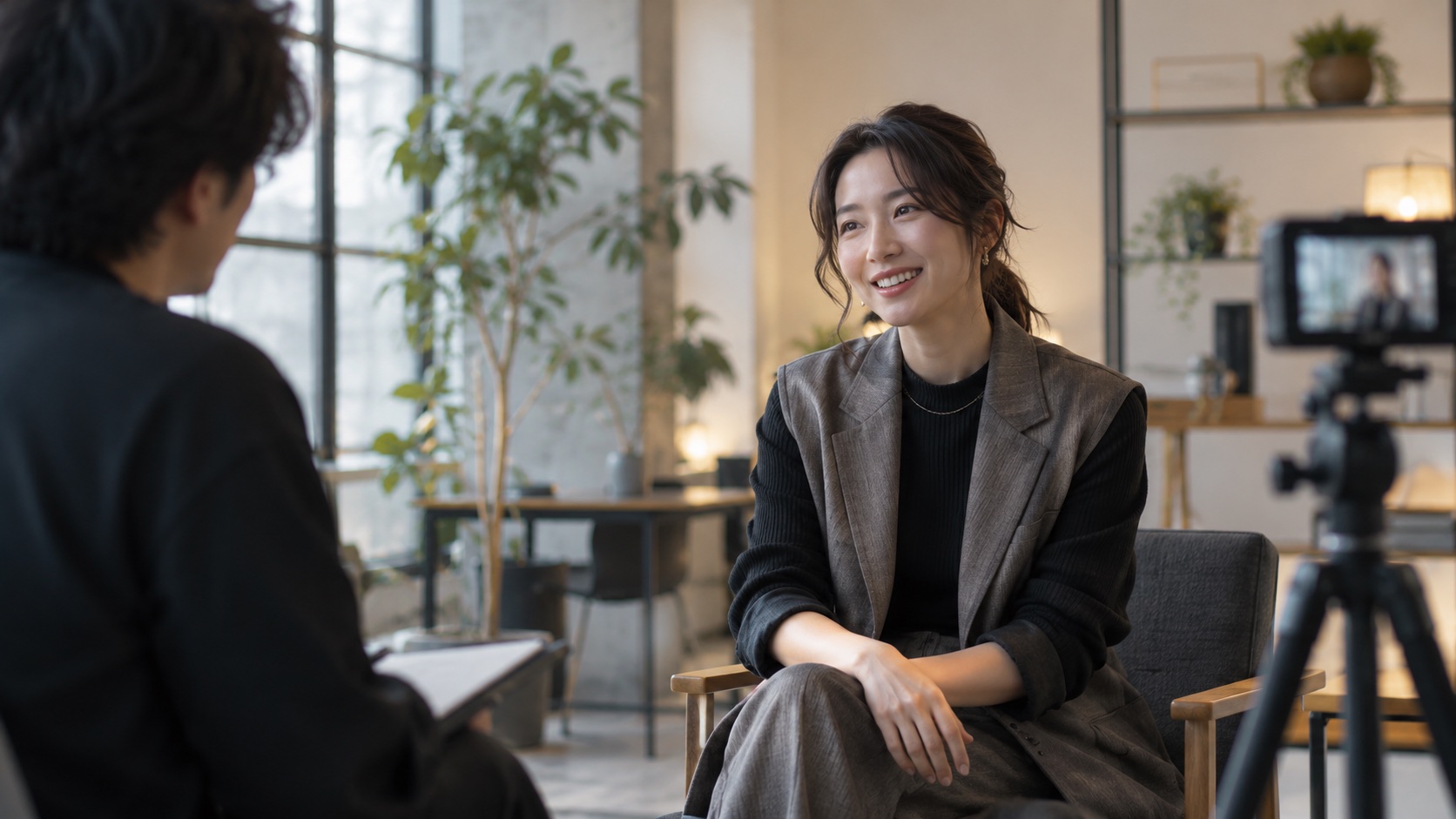 社員インタビュー動画の撮影前に会話する出演者と撮影スタッフ
